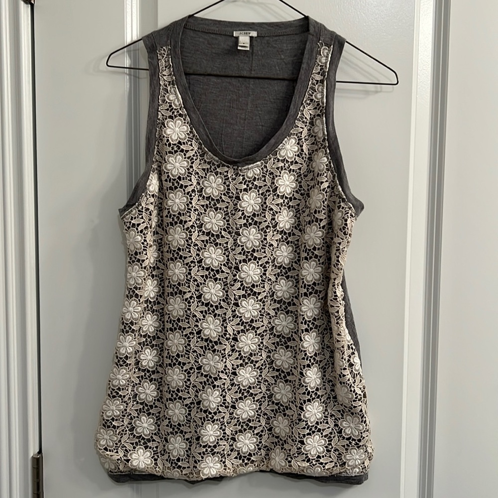 J. Crew Gray with White Floral Lace Tank S